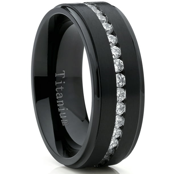 8MM Men's Black Titanium Wedding Band Ring with Black Cubic Zirconia CZ